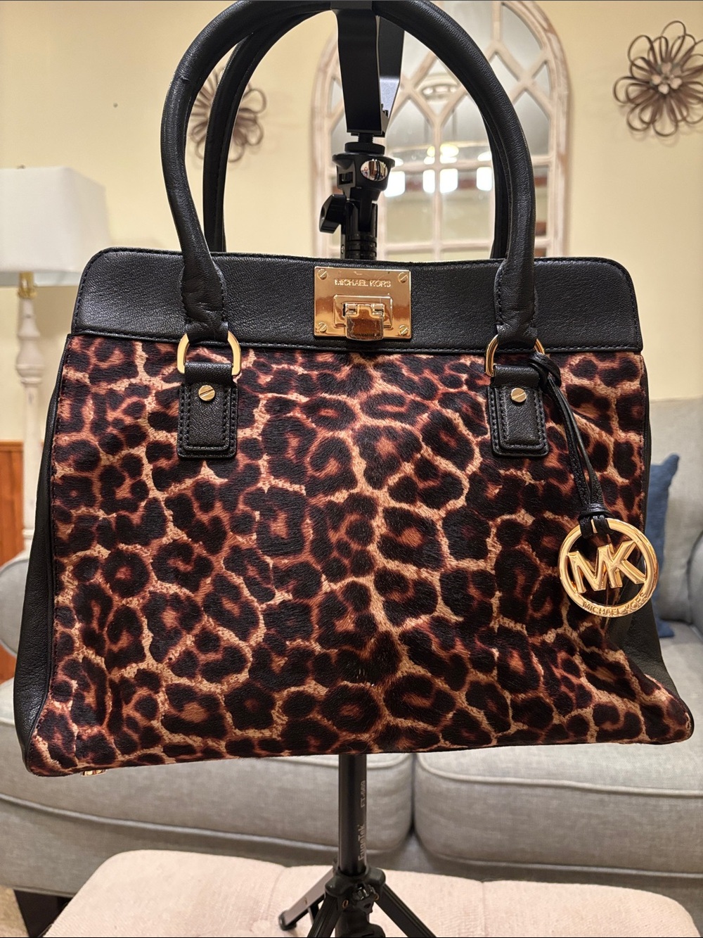 Michael Kors Brown Leopard (hair)Print Satchel with Black Trim